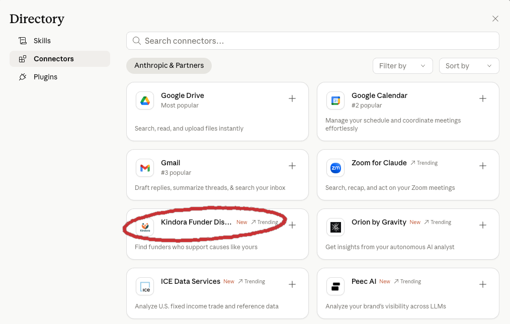 Claude connector directory showing Kindora Funder Discovery as New + Trending, circled